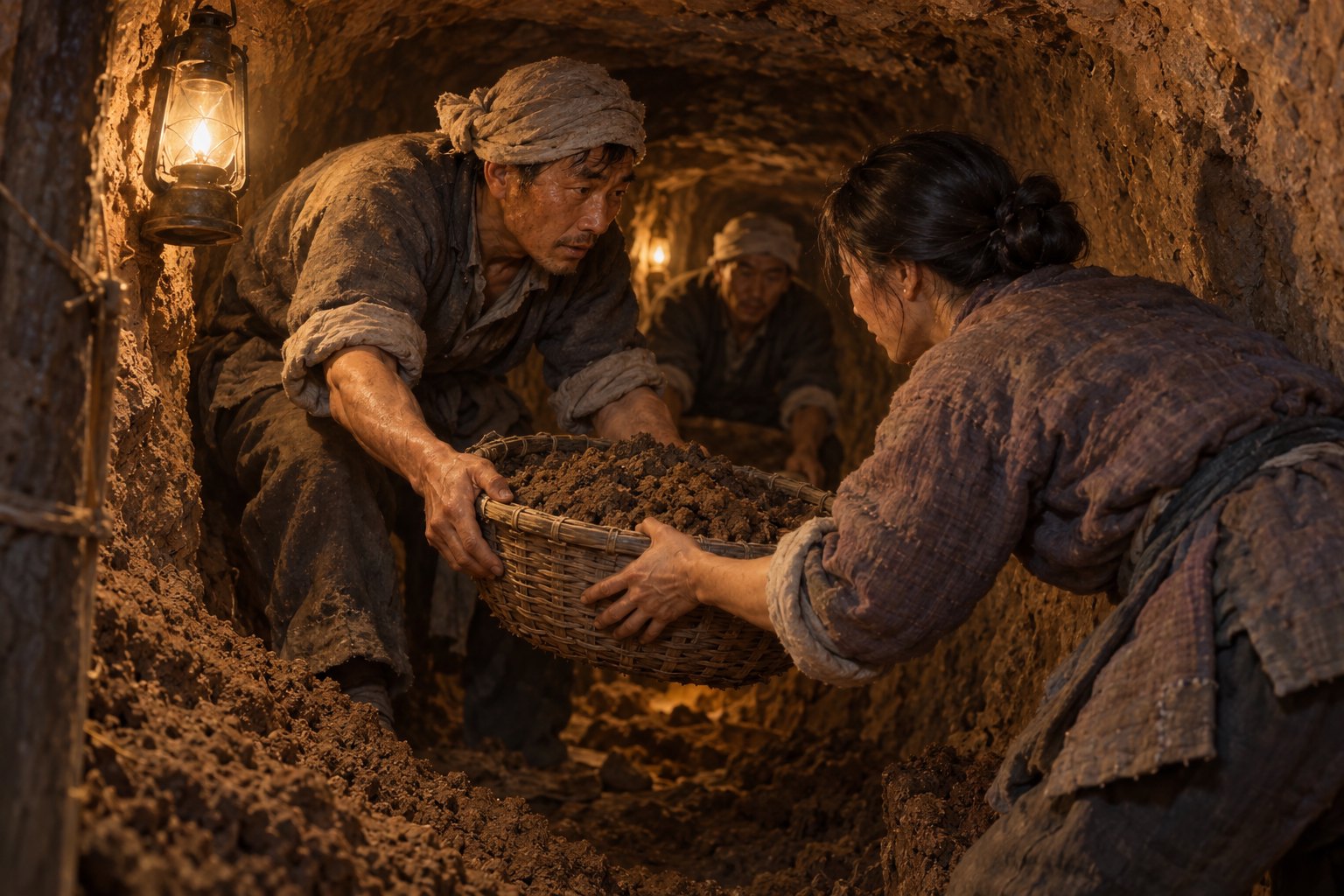 村民在油灯照亮的狭窄土质地道中接力传递土筐的历史题材插画