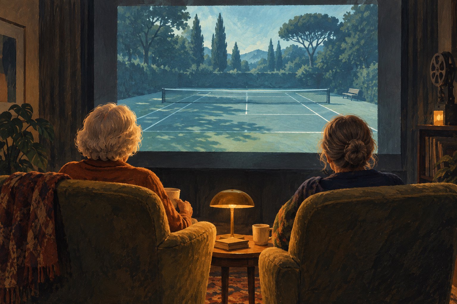 Conceptual illustration of two older women seated together watching a projected tennis court, representing shared memory rather than a scene from the film.