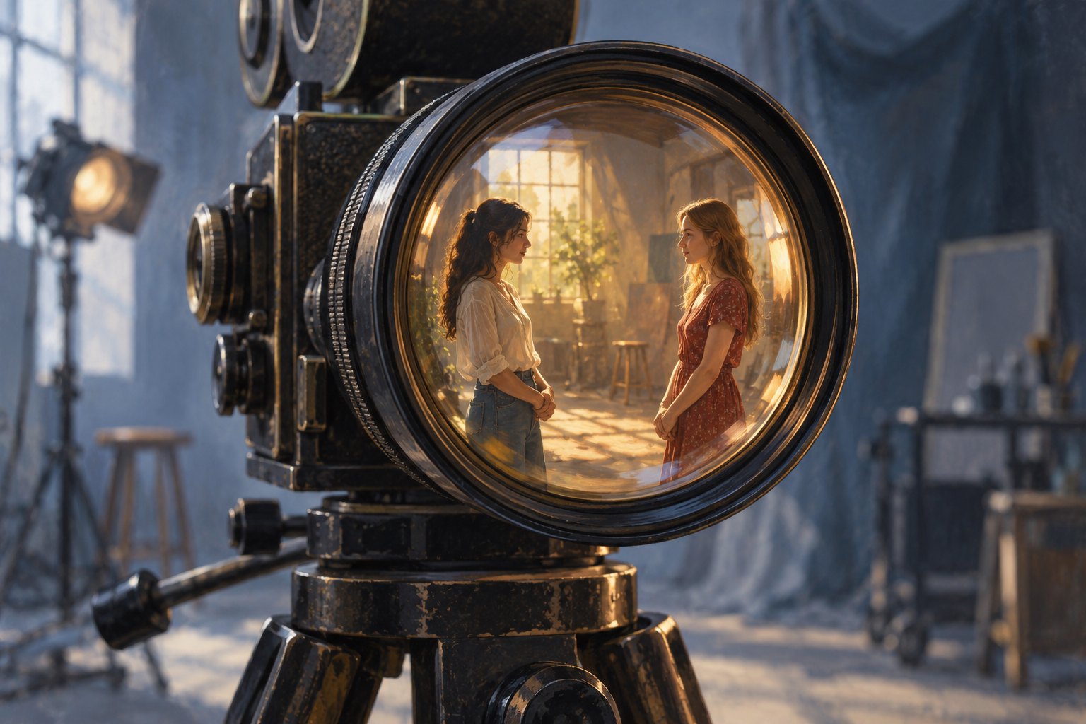 Conceptual illustration of a vintage movie camera lens reflecting two women facing each other in warm sunlight.