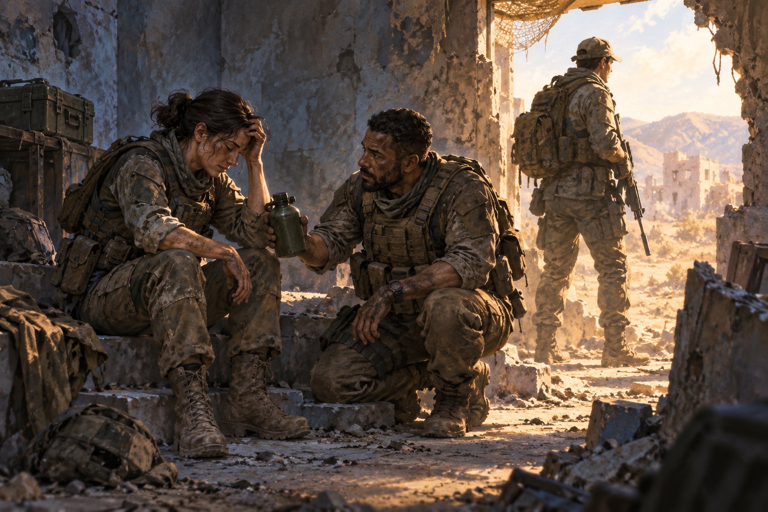 Conceptual illustration of three fictional soldiers sharing a quiet moment inside a damaged shelter.