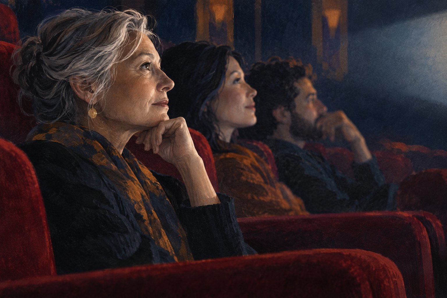 Conceptual illustration of three attentive moviegoers in red velvet seats, their faces illuminated by screen light.