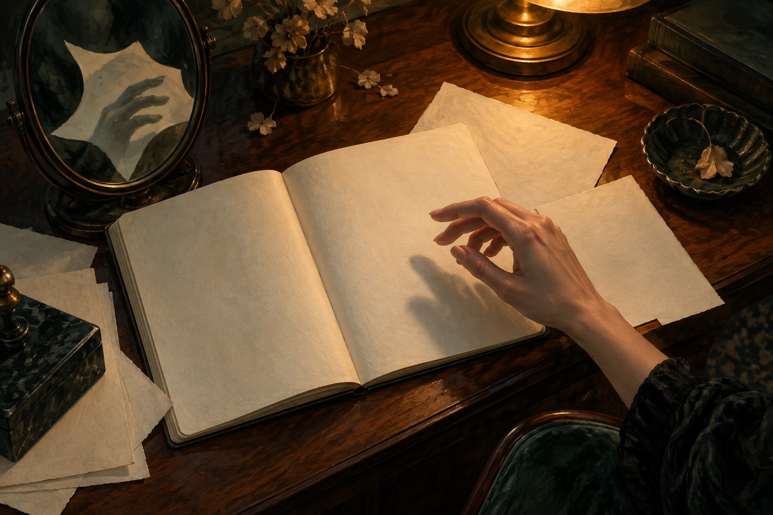 Symbolic illustration of a hand hovering over blank notebook pages beside a mirror on an amber-lit writing desk.