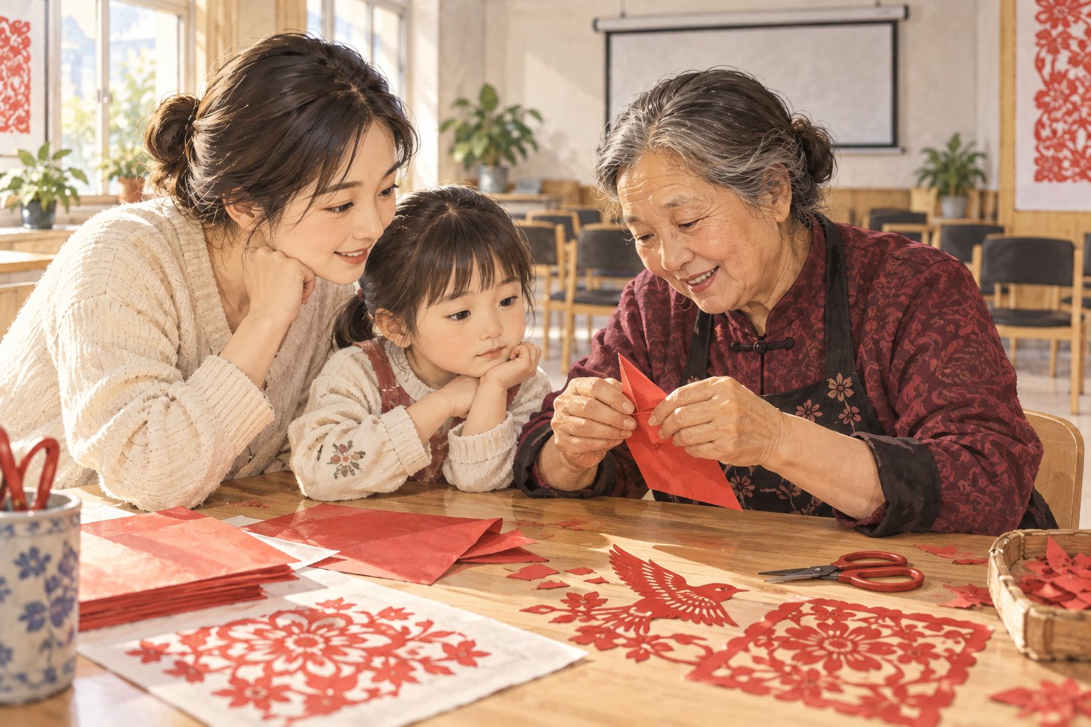 概念插画:社区活动室内,年长手艺人向成人和孩子示范折纸,桌上摆放花鸟剪纸