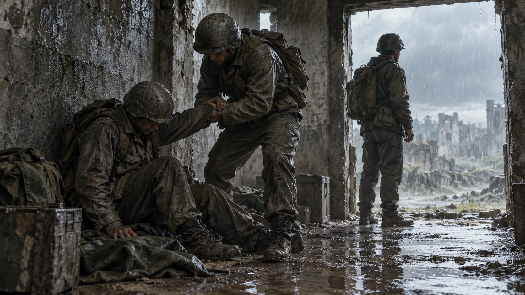 原創概念插畫：雨中的混凝土掩體內，一名軍人扶起疲憊同伴，另一人留意門外