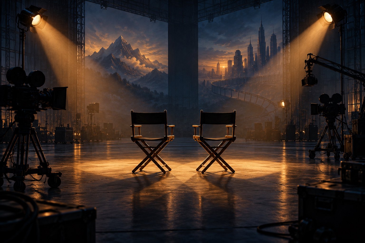 Two empty directors’ chairs stand beneath converging amber lights on an imagined soundstage with mountain and city backdrops.