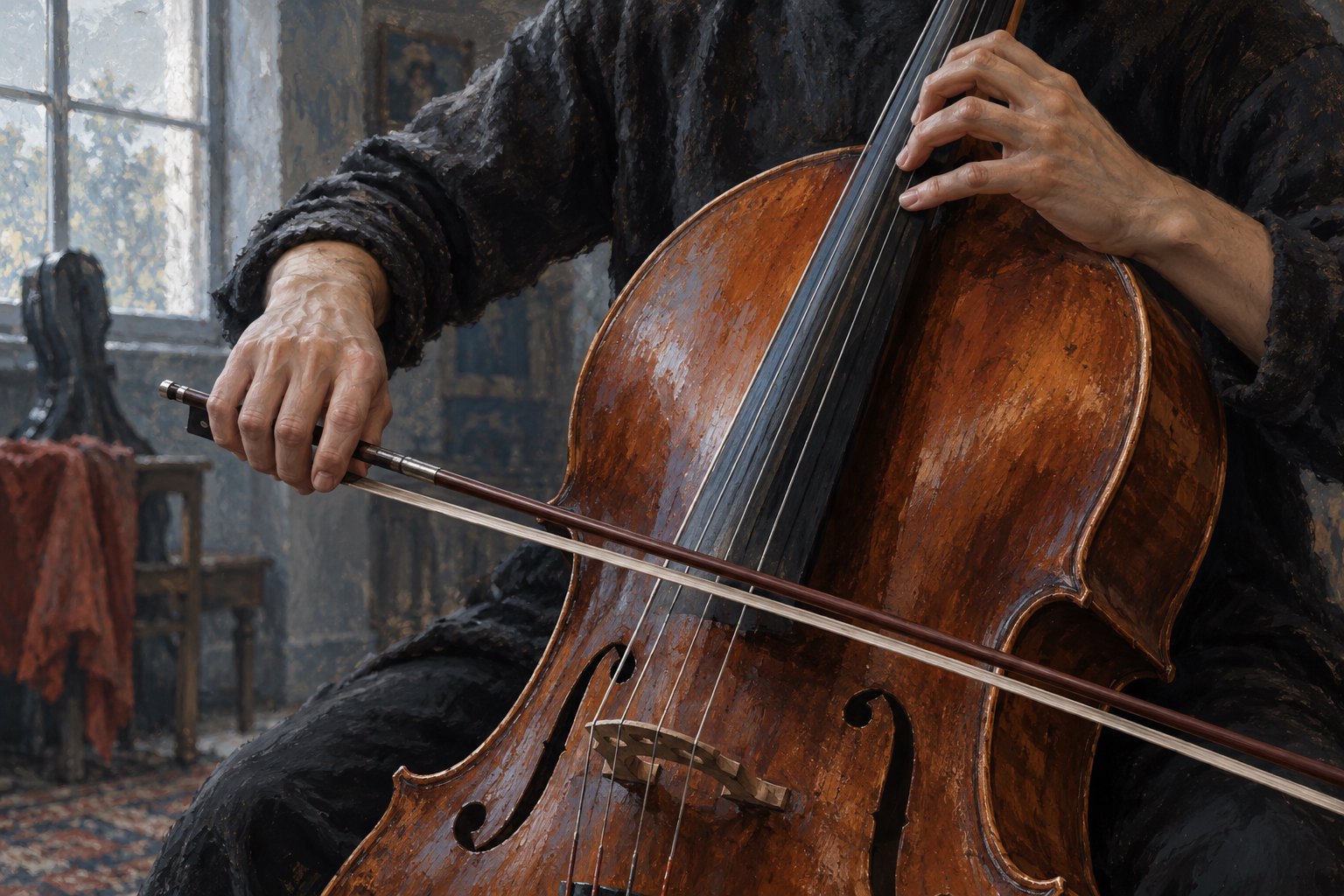Painterly conceptual close-up of a musician’s hands working the fingerboard and bow of a wooden cello.
