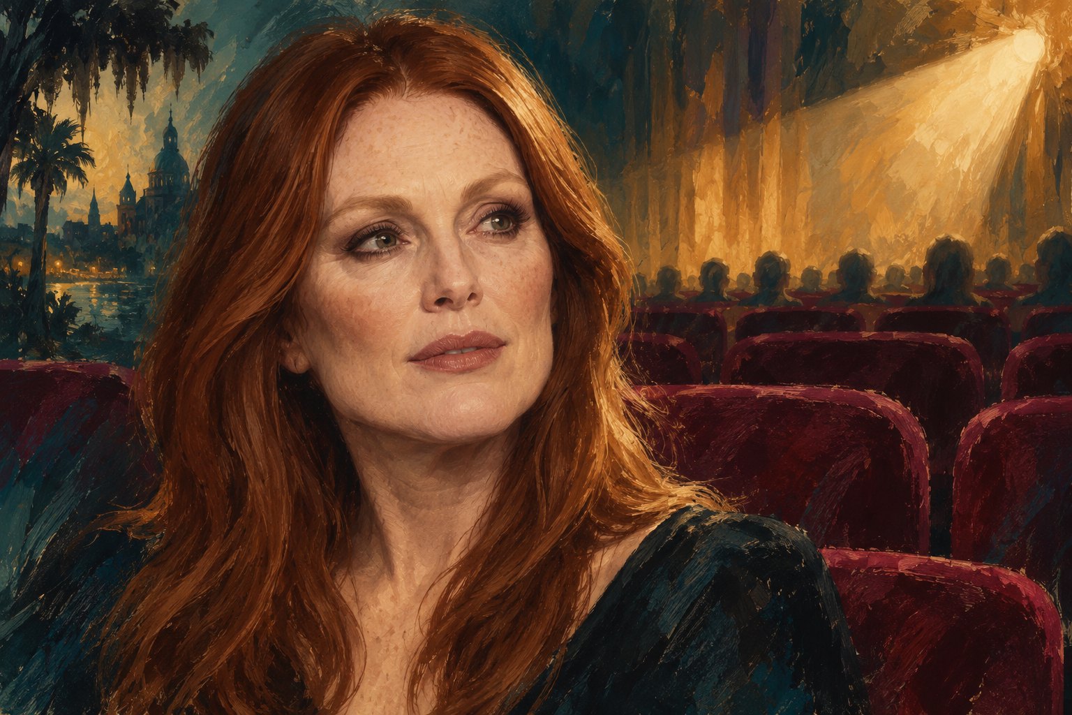 Painterly portrait of Julianne Moore against a warmly lit cinema auditorium.