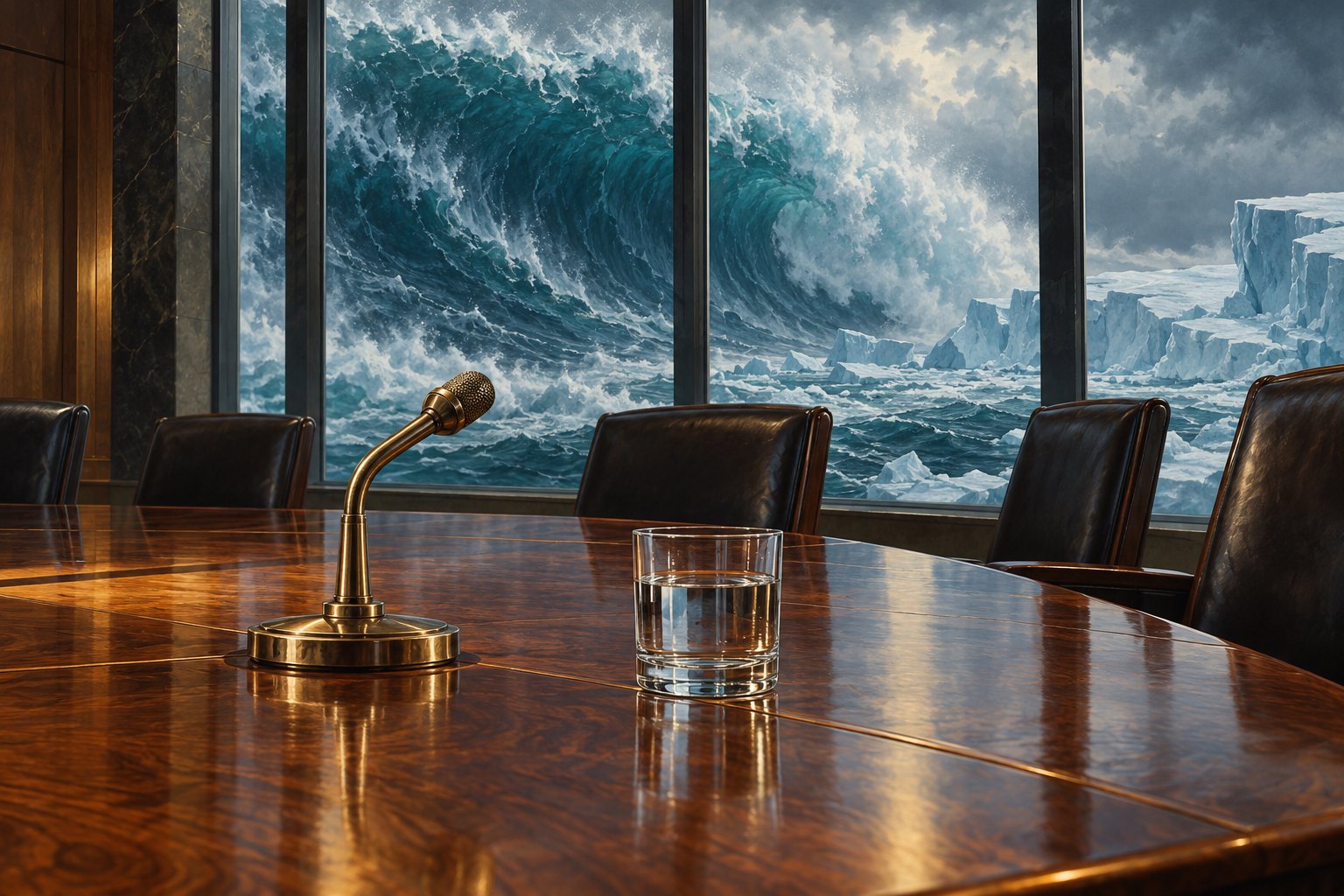 Conceptual illustration of a boardroom microphone and water glass with a towering ocean wave and broken ice beyond the windows.