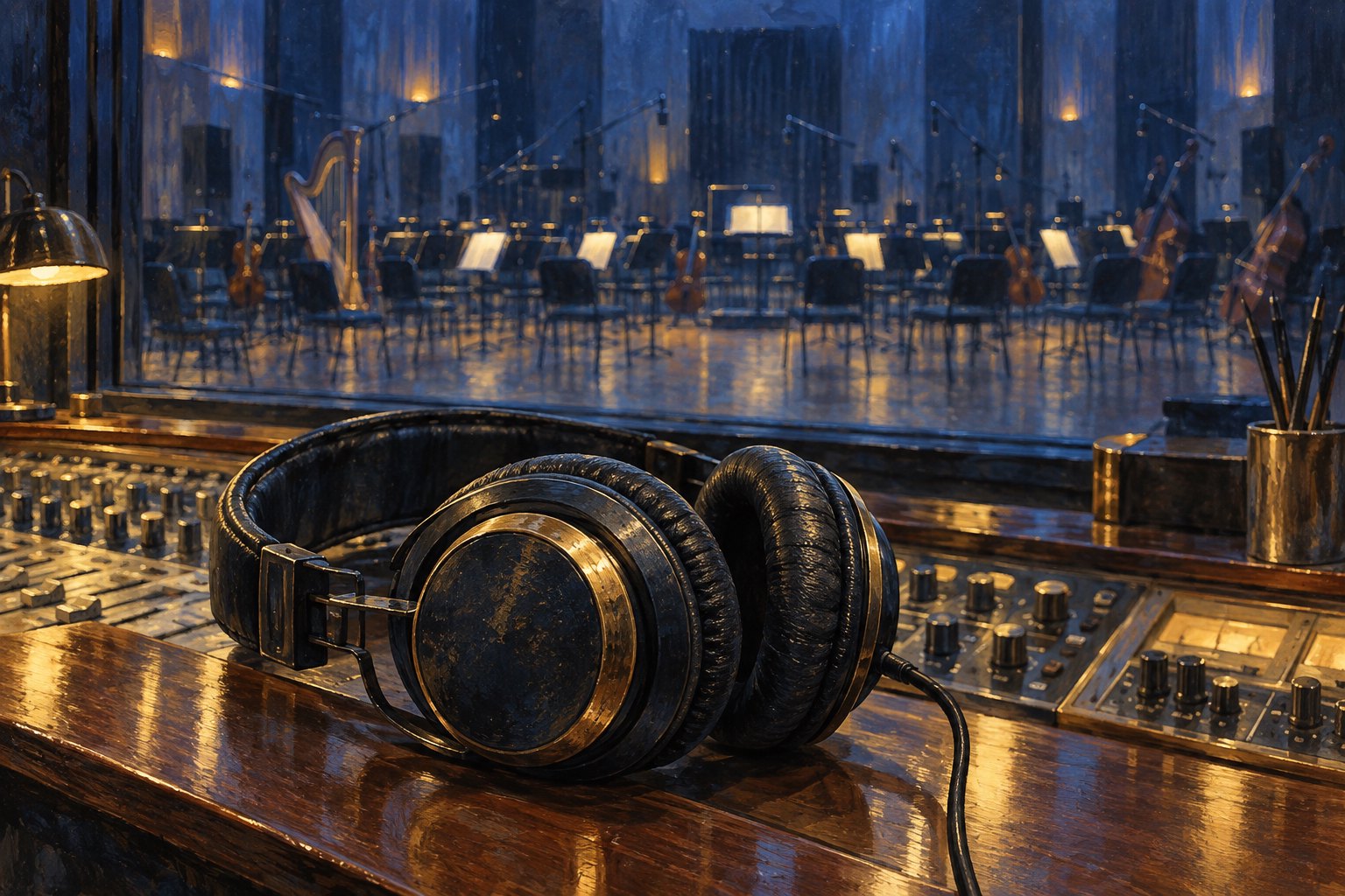 Painterly illustration of worn headphones on a recording console overlooking an empty orchestral studio through glass.