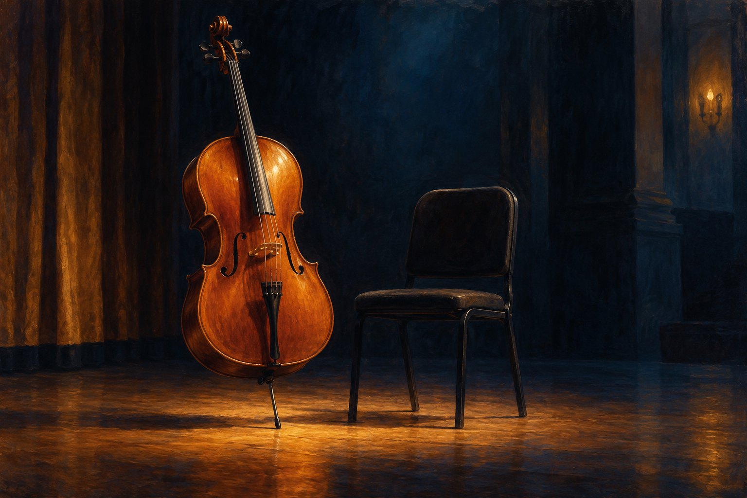 Painterly conceptual illustration of an amber cello beside an empty black chair on a dimly lit stage.