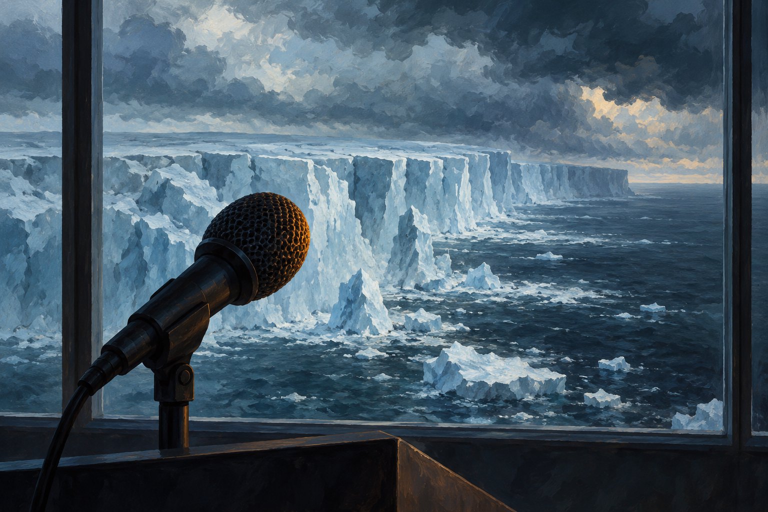 Conceptual illustration of a microphone before a window overlooking fractured ice and a stormy ocean.