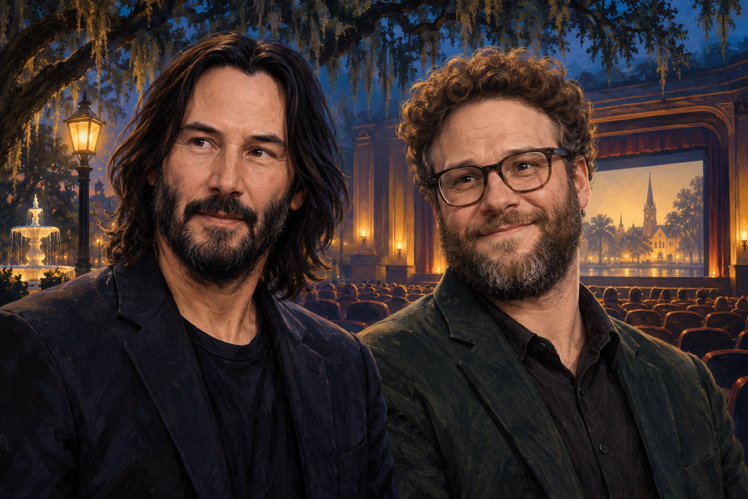 Illustrated portraits of Keanu Reeves and Seth Rogen against a glowing cinema and Savannah-inspired oak trees.