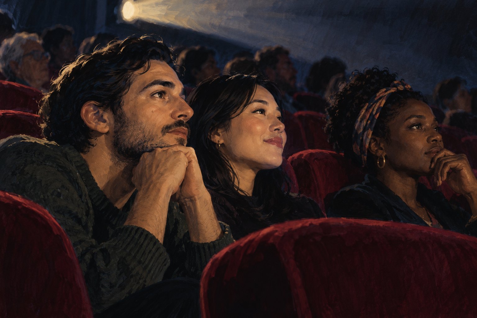 An editorial illustration of three audience members reacting thoughtfully to an unseen film in a darkened theater.