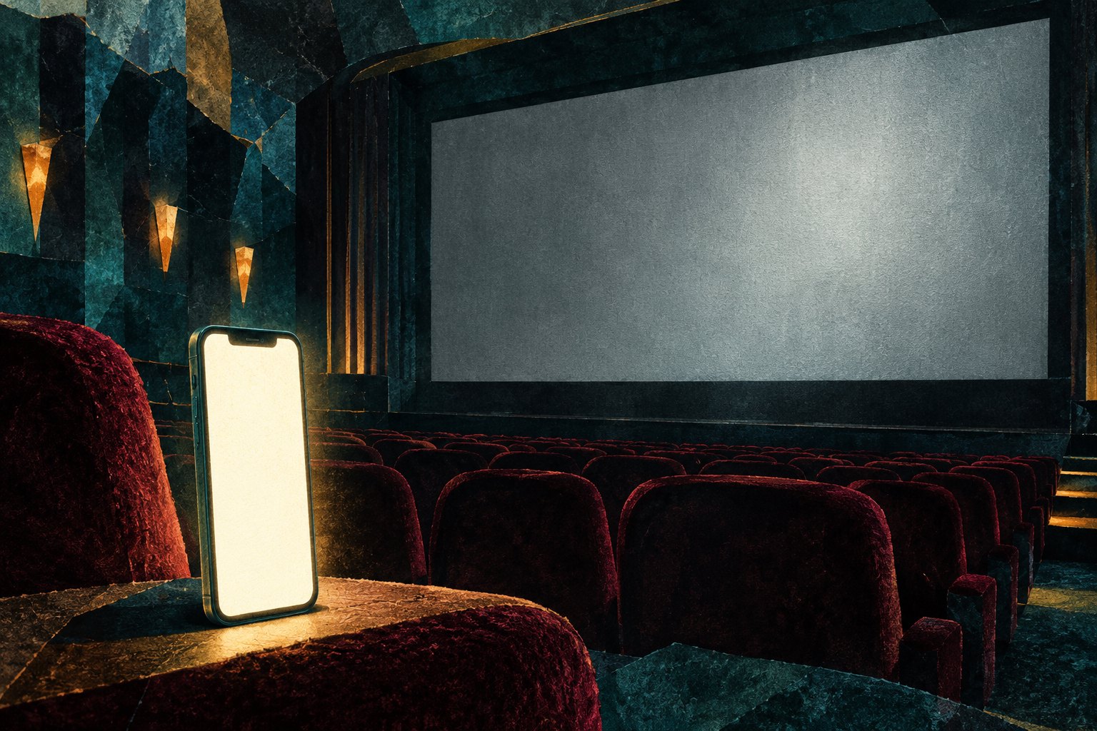 A glowing smartphone rests among burgundy theater seats beneath a large, empty movie screen.