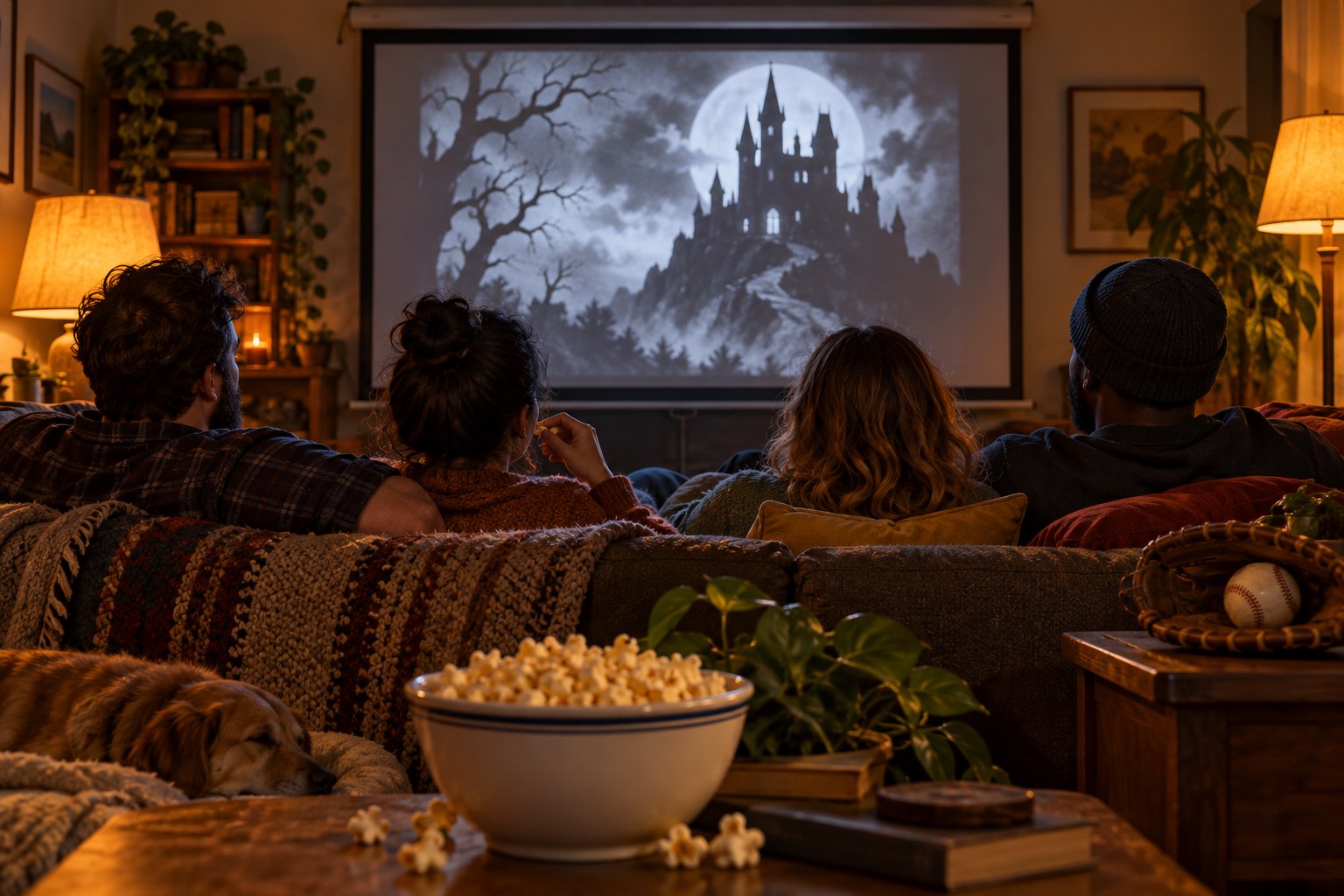 Four friends watch a gothic castle on a living-room screen, with popcorn in front and a baseball glove nearby.