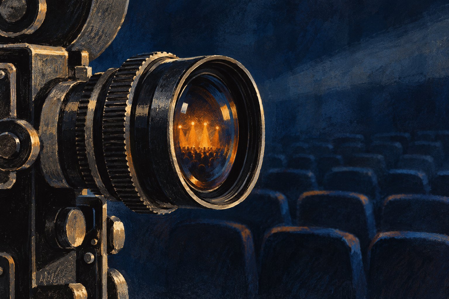 Conceptual illustration of a cinema camera lens reflecting amber stage light beside rows of dark theater seats.