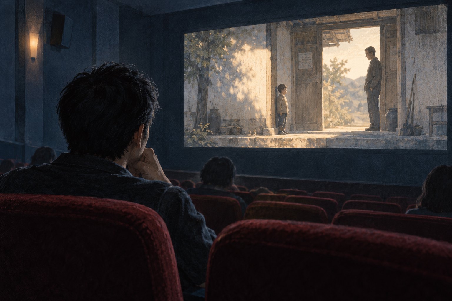 观众在放映厅观看虚构父子场景的主题插画,非获奖影片剧照