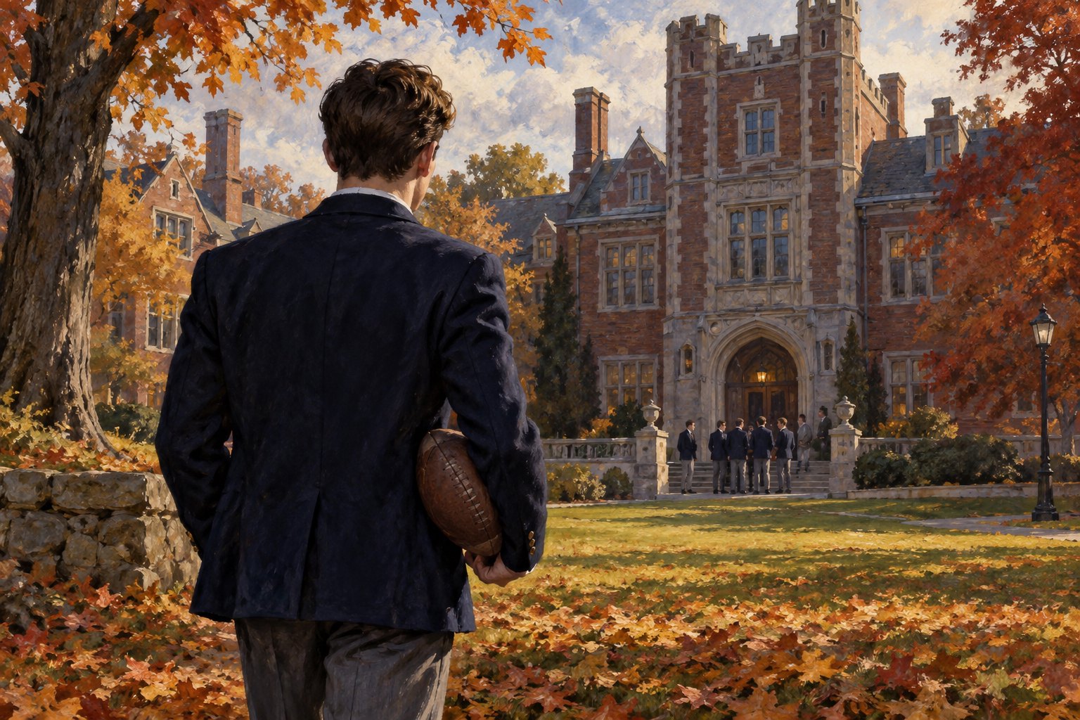 Editorial illustration of a student carrying a football toward a red-brick prep school across an autumn lawn.