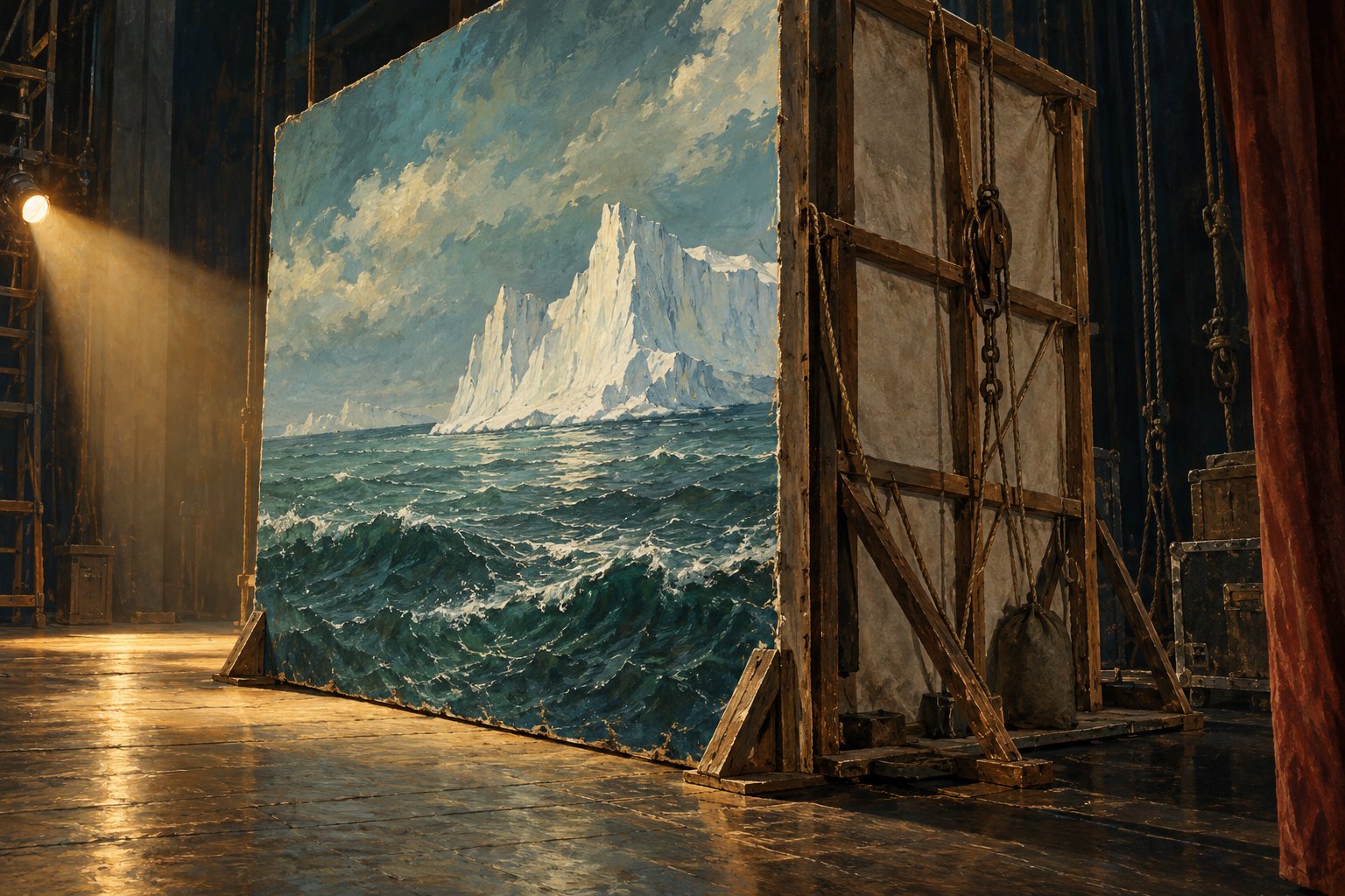 Conceptual illustration of an iceberg theater backdrop with exposed wooden supports and ropes under warm backstage lighting.