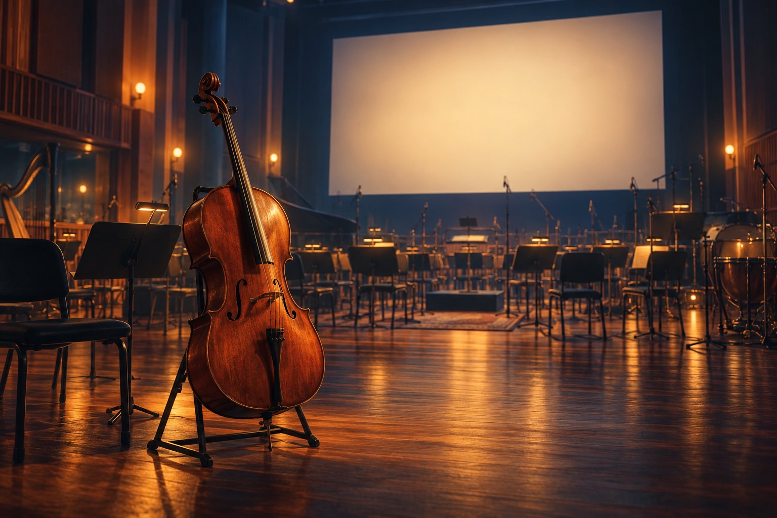 Conceptual illustration of a cello in an empty recording studio facing a glowing blank projection screen.