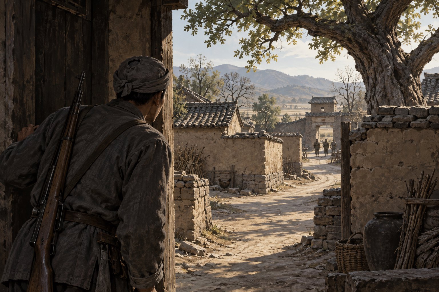 华北乡村院墙与古槐之间,一名布衣民兵背向观众观察村口的历史题材插画