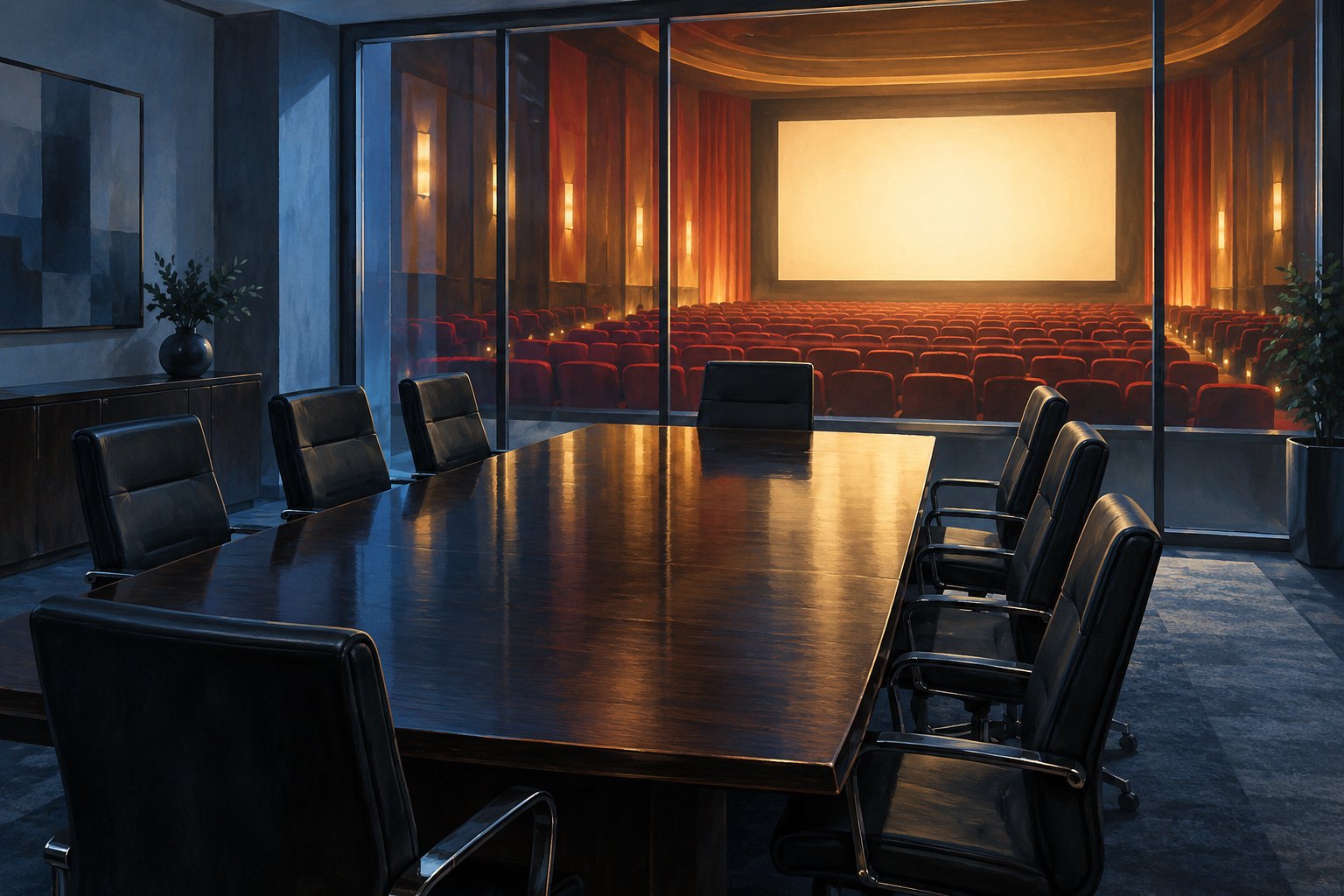 Editorial illustration of an empty corporate boardroom overlooking a glowing movie screen and rows of red theater seats.