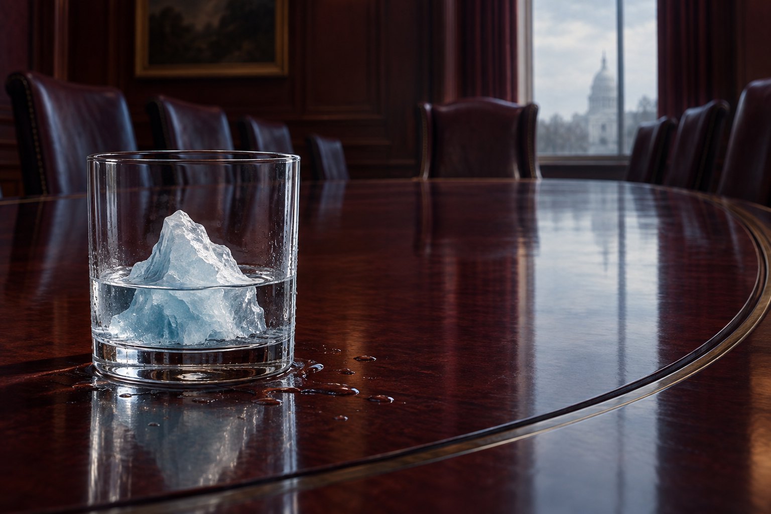 Conceptual illustration of a miniature iceberg melting in a glass on a conference table surrounded by empty leather chairs.