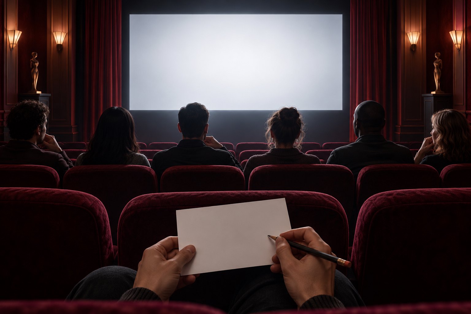 Conceptual illustration of a cinema audience facing a blank screen while a viewer holds an unmarked feedback card.