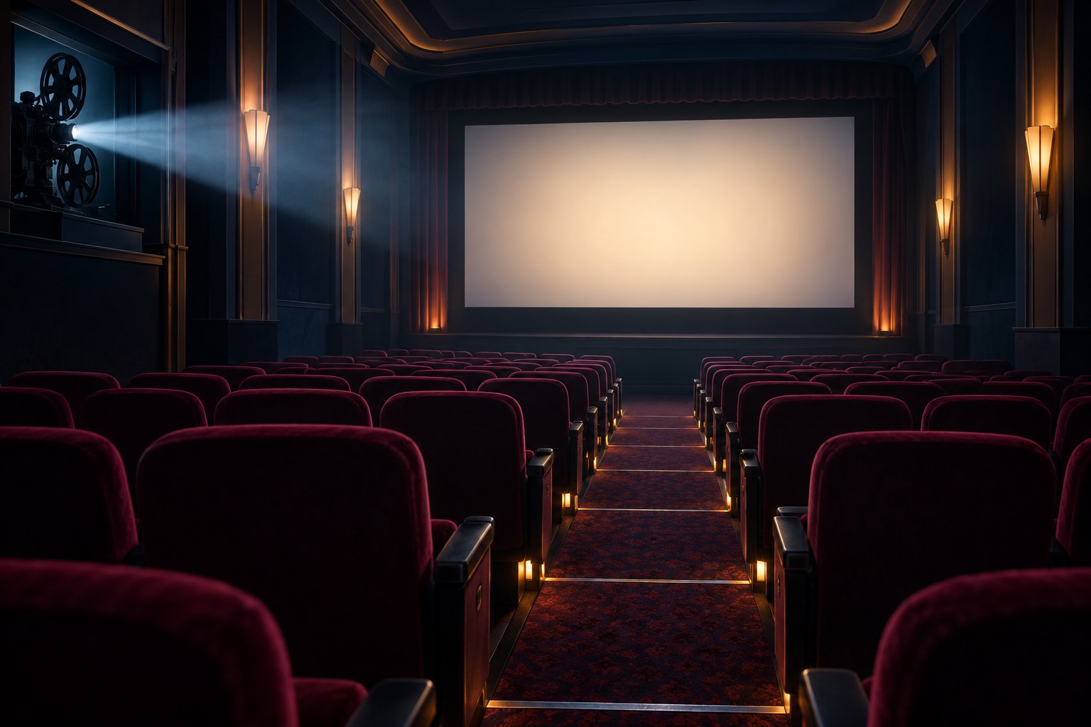 Conceptual illustration of an empty movie theater with burgundy seats and a projector beam illuminating a blank screen.