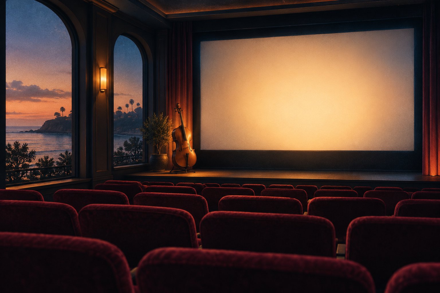 Conceptual illustration of a cello beside a glowing blank screen in an empty cinema overlooking the coast at dusk.