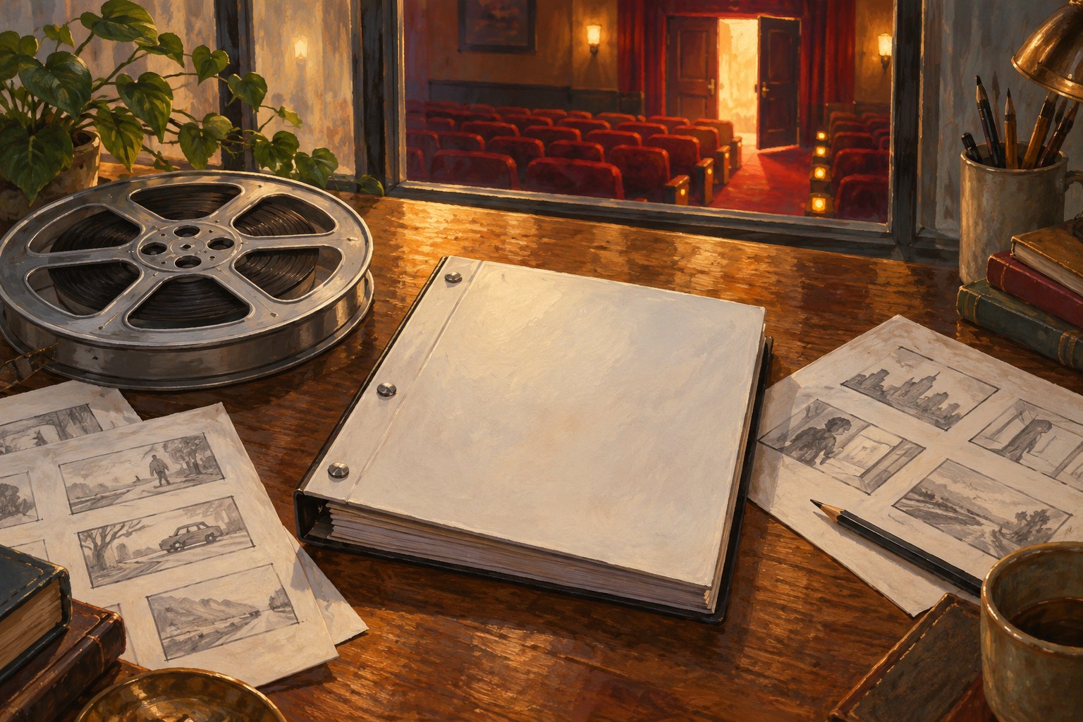 Editorial illustration of a blank screenplay binder, film reel, and storyboard sketches beside a window overlooking a cinema auditorium.