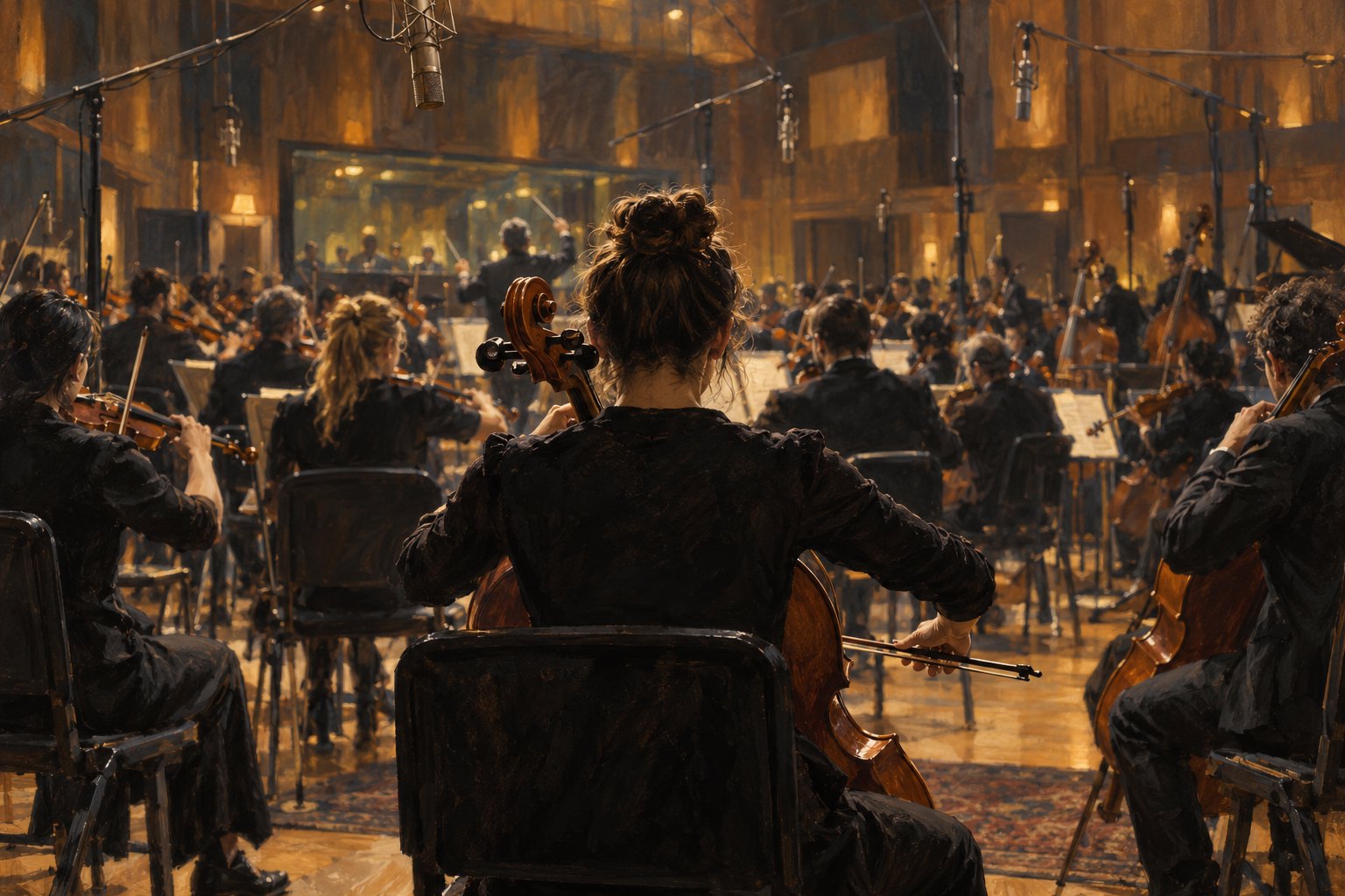 Painterly illustration of a cellist seen from behind among orchestral musicians beneath recording studio microphones.