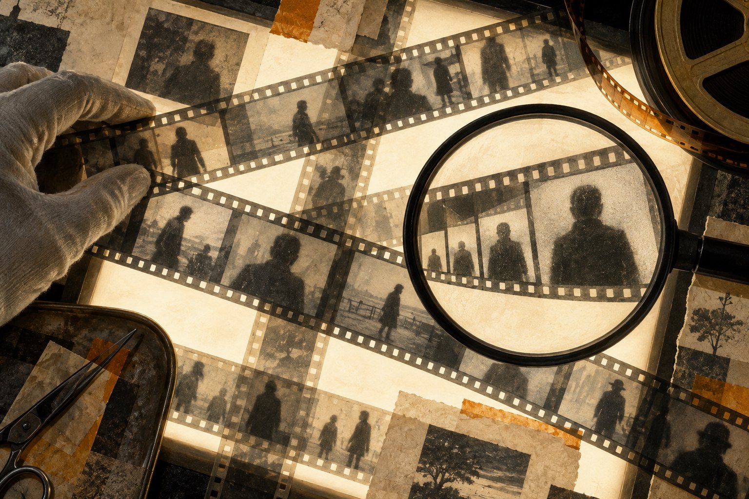 Conceptual illustration of a gloved hand arranging film strips on a lightbox beneath a magnifying glass.