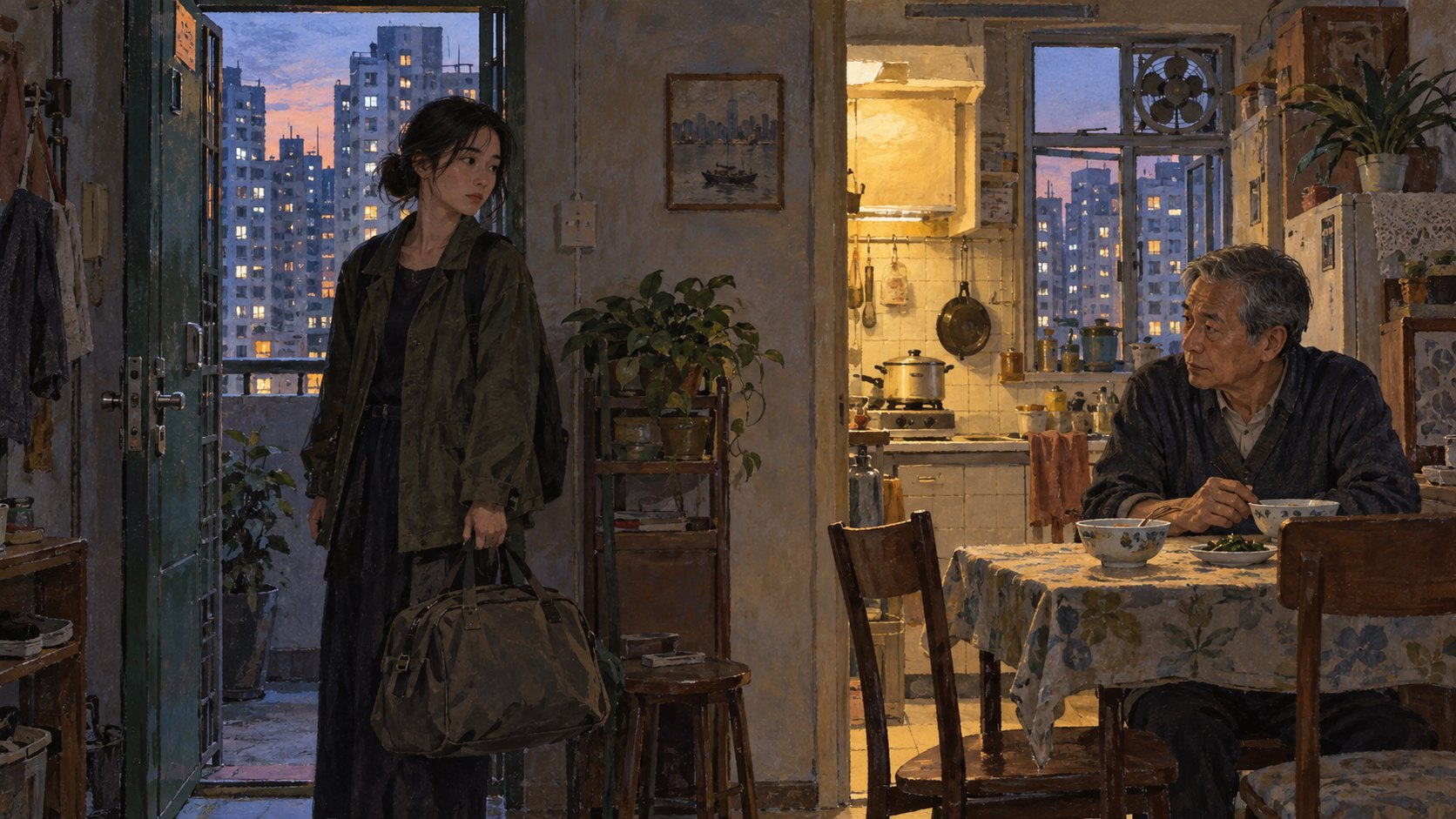 概念插畫：提著旅行袋的女子站在公寓門邊，與餐桌旁的長者相望，呈現空間與人物關係的張力，非參展電影劇照