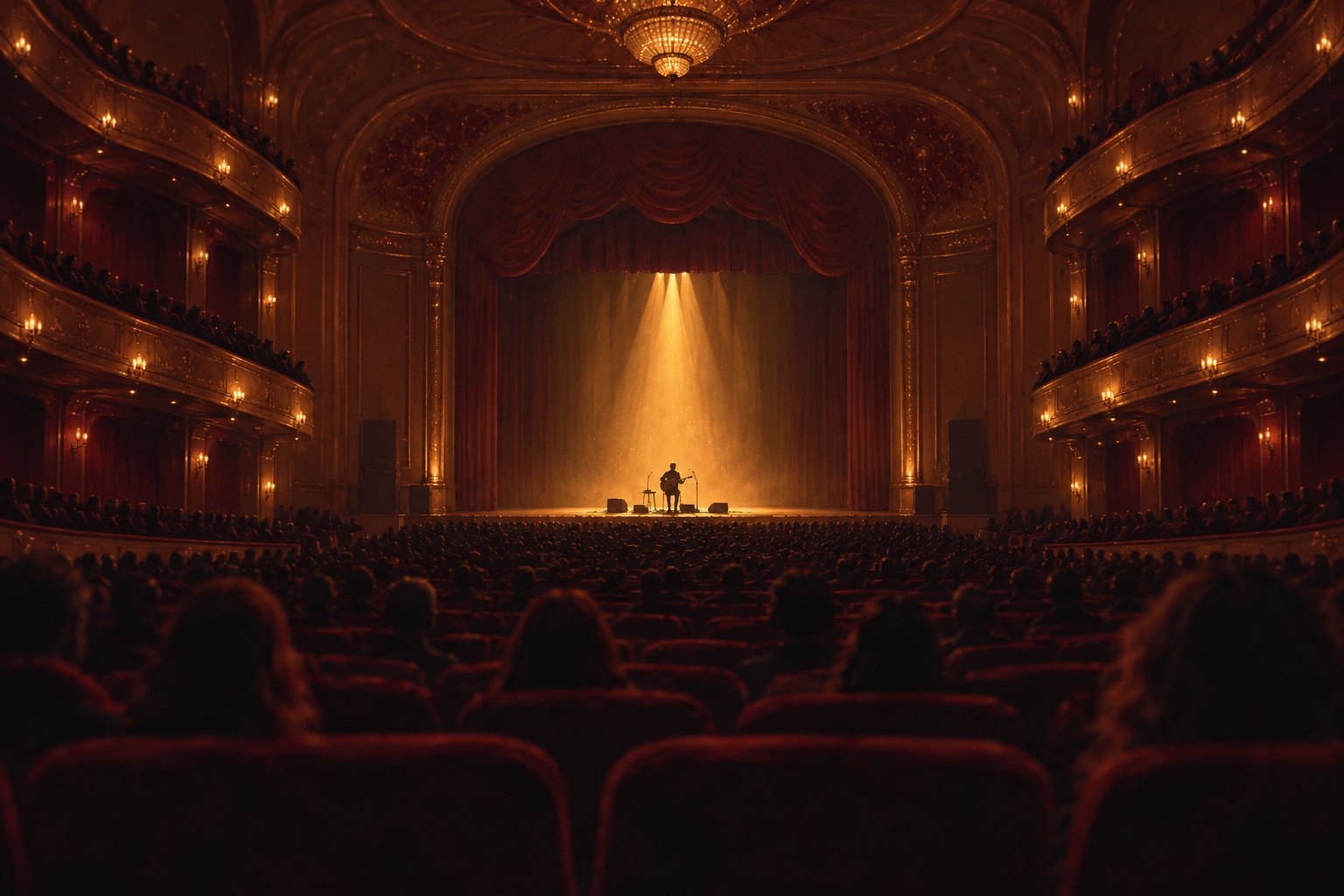 Conceptual illustration of a lone musician under amber light in a grand concert auditorium with burgundy seats.