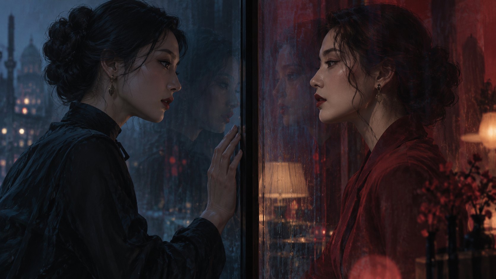 兩名成年女性隔著半透明玻璃相望,冷暖光影交織的心理驚悚概念插畫,非電影劇照