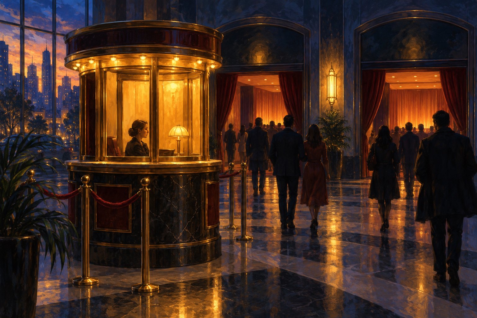 Illustration of moviegoers passing a glowing ticket booth toward two theater entrances at dusk.