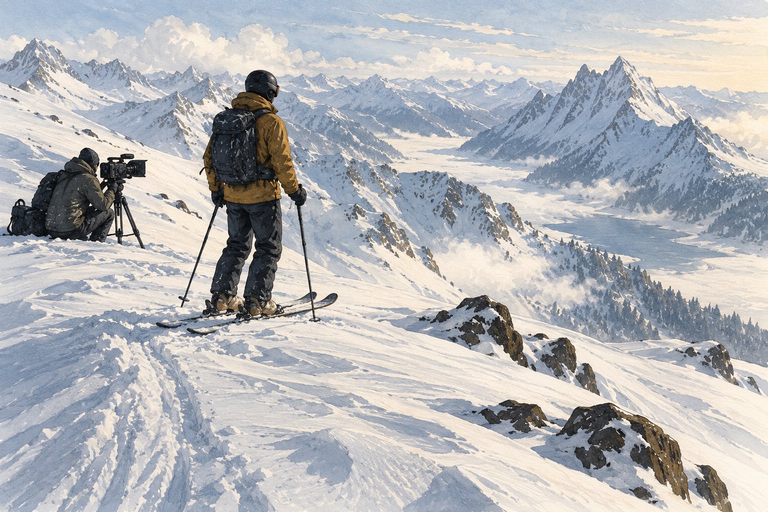 Editorial illustration of a skier surveying a snowy descent while a camera operator films from the ridge.