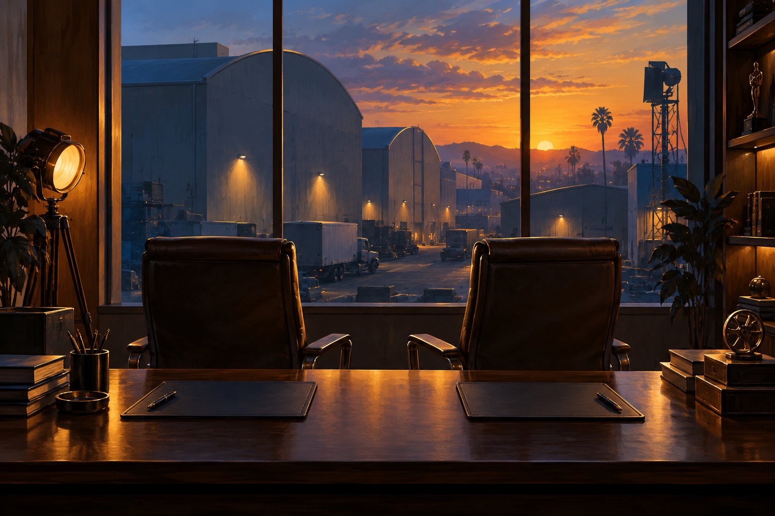 Editorial illustration of two empty executive chairs overlooking a film studio lot at sunset.