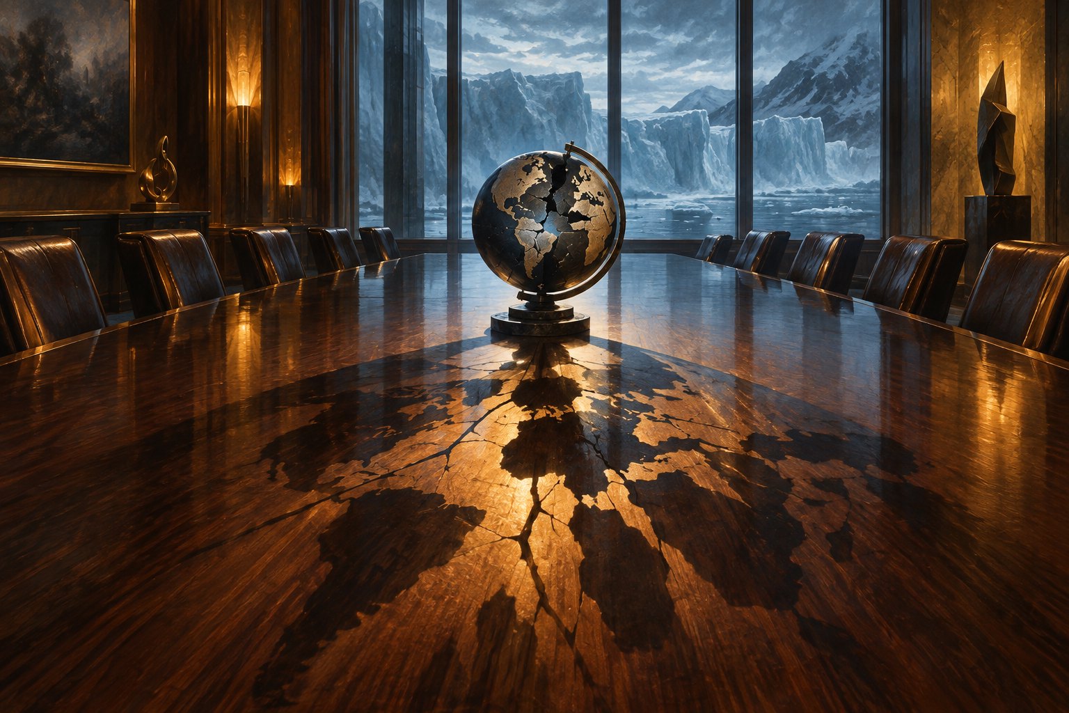 Conceptual illustration of a cracked globe casting a fractured shadow across a conference table, with an icy landscape beyond the windows.