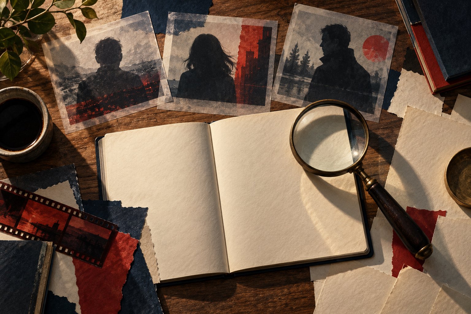 Three anonymous silhouette portraits lie beside a blank notebook and magnifying glass on a wooden desk.