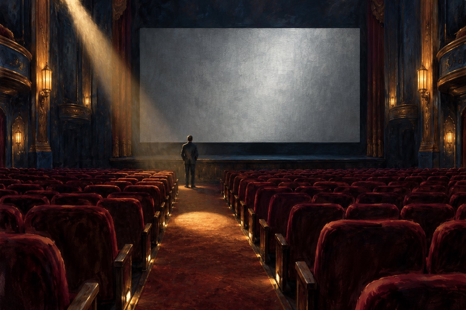 Conceptual illustration of a lone suited figure facing a blank screen in an otherwise empty, warmly lit movie theater.