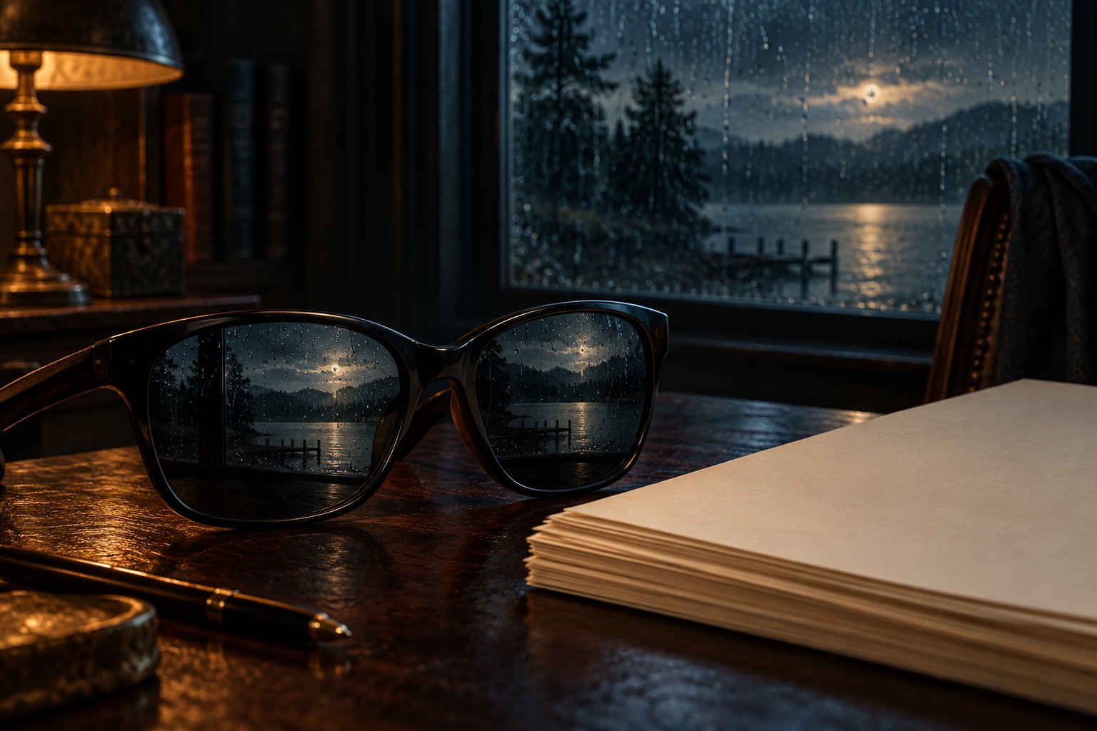 Conceptual illustration of black sunglasses reflecting a moonlit lake beside blank pages on a dark wooden desk.
