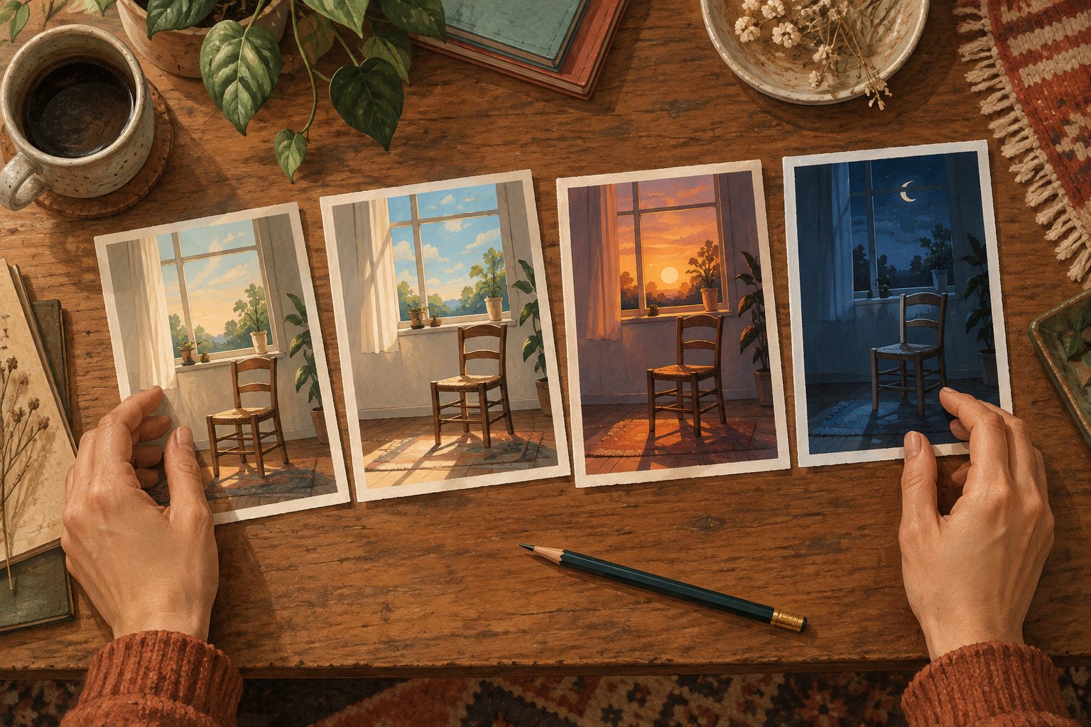 Hands arrange four illustrated cards showing the same chair beside a window as daylight changes to night.