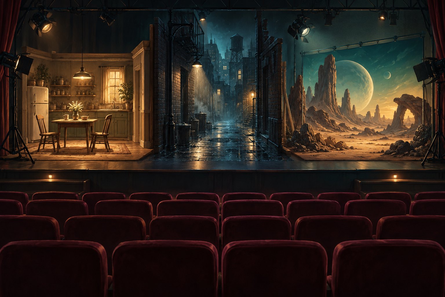 An illustrated cinema faces three contrasting sets: a warm kitchen, a rainy alley, and an otherworldly desert.