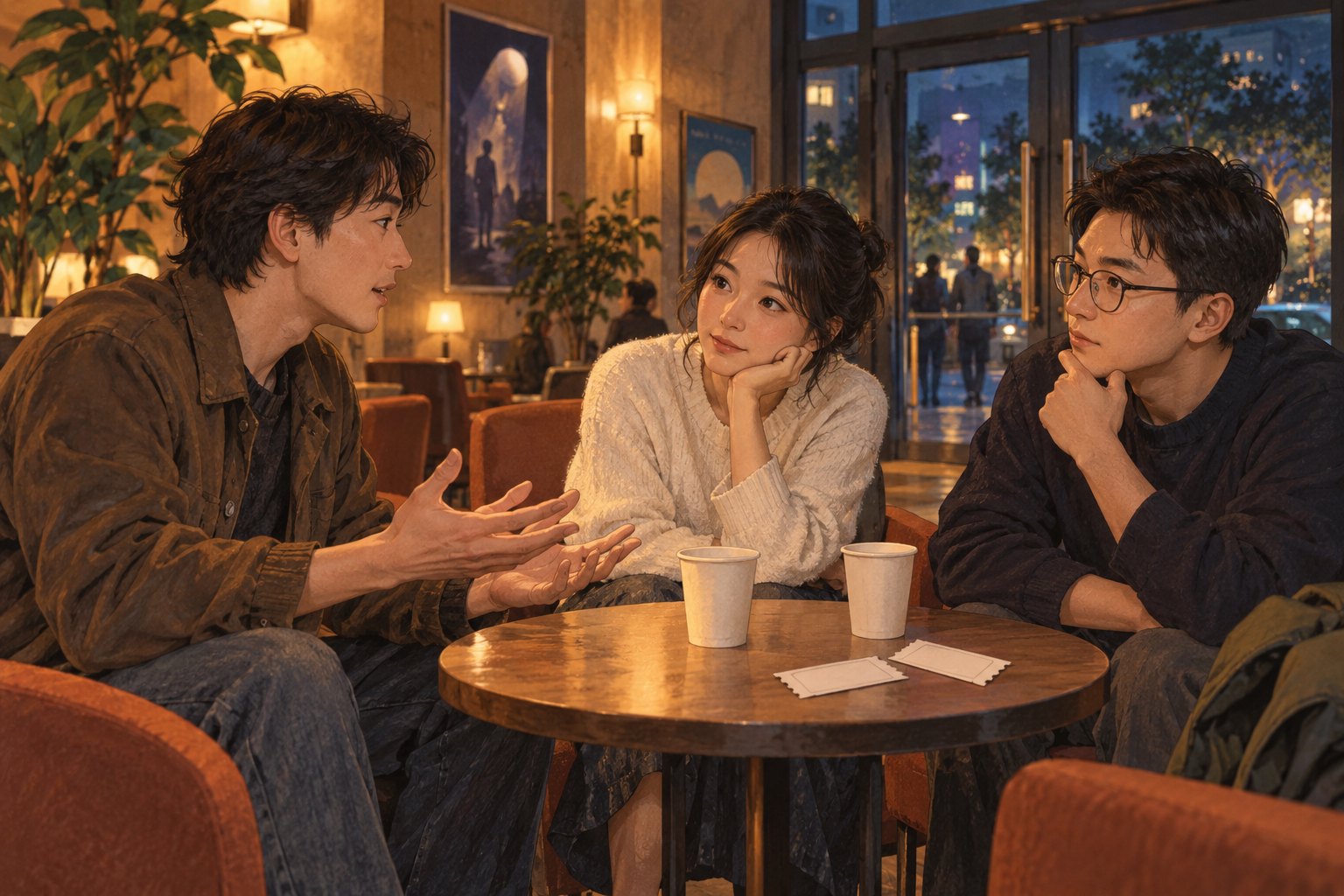 三位朋友在暖光休息区围桌交流,桌上放着空白票券和纸杯