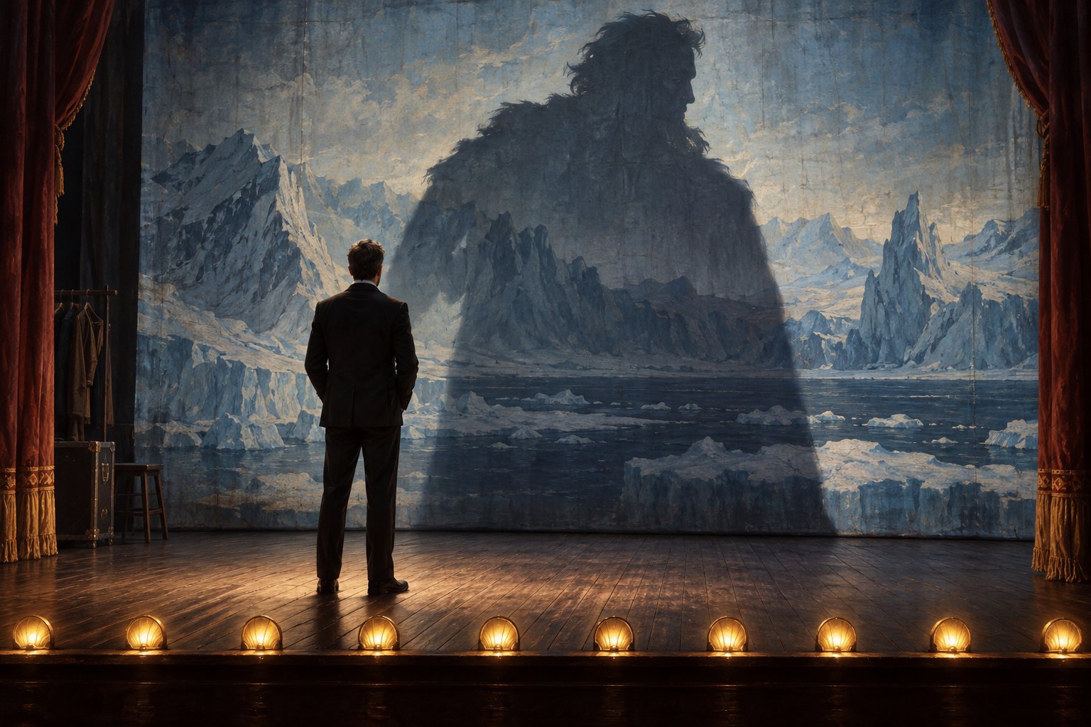Conceptual illustration of a lone actor onstage casting an enormous shadow across a painted Arctic landscape.