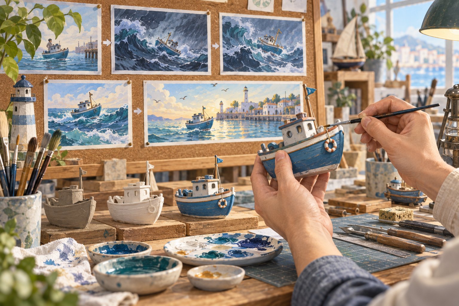 衍生品设计概念插画:双手为蓝色小船模型上色,桌面样品与背景故事分镜相互呼应