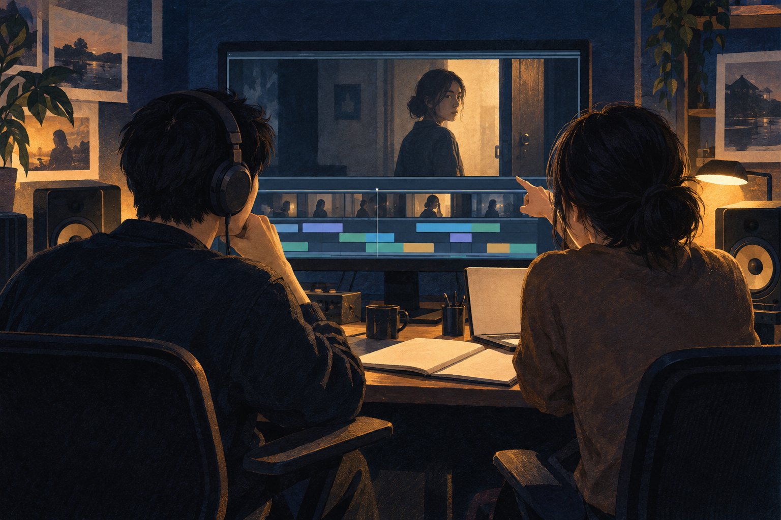 后期教学概念插画：两名青年创作者在剪辑工作室讨论人物表演与镜头选择