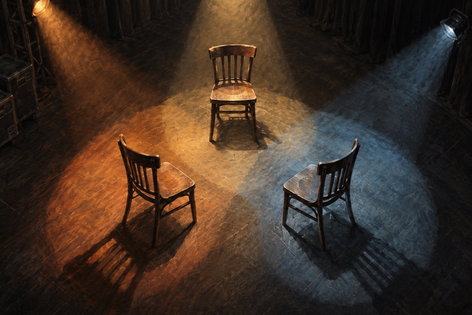 Conceptual illustration of three empty wooden chairs arranged in a triangle beneath warm and cool stage lights.